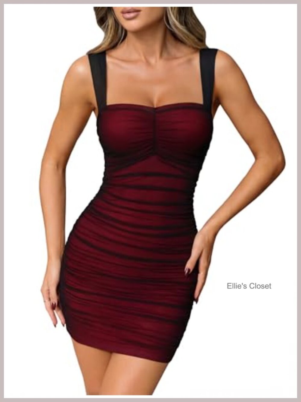 Ruched Mesh Bodycon Mini Dress Square Neck Sleeveless Tummy Control Night Out